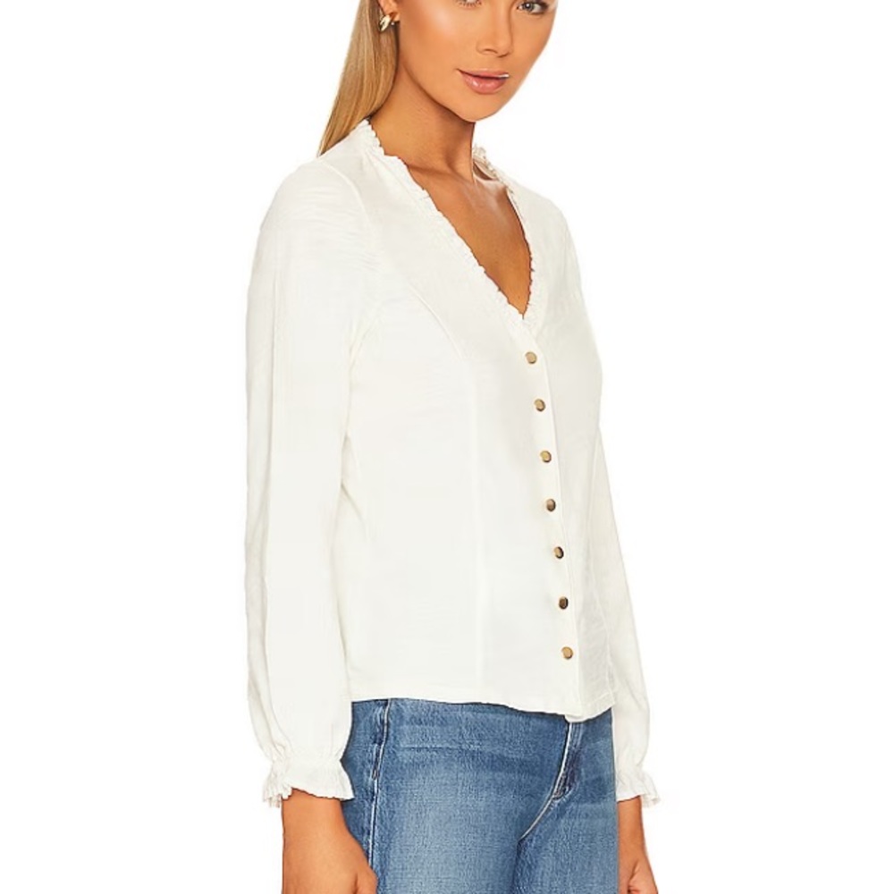 Nation LTD Ivory Gold Edwardian Snap Front Ruffle V-Neck Top Size L | - Picture 2 of 16
